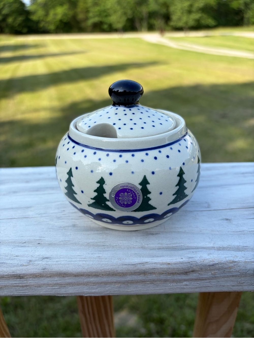 BOLESLAWIEC POLISH POTTERY BOWL Sugar Bowl with Lid  Tree Holiday Festive Print